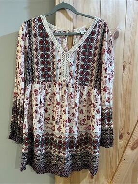Umgee ladies Boho Lace-Trim Tunic /mini dress in Cream and Burgundy size m